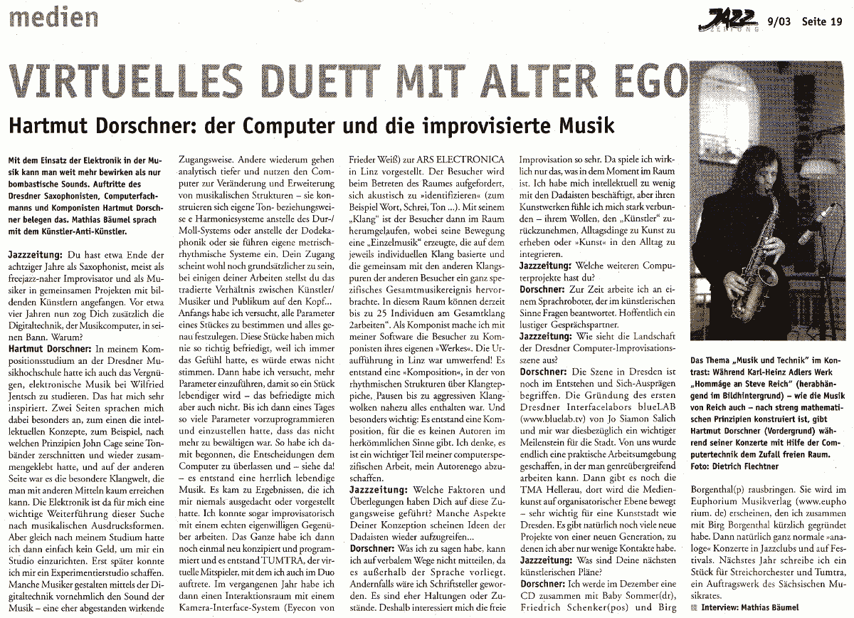 VIRTUELLES DUETT MIT ALTER EGO, Hartmut Dorschner: der Computer und die improvisierte Musik